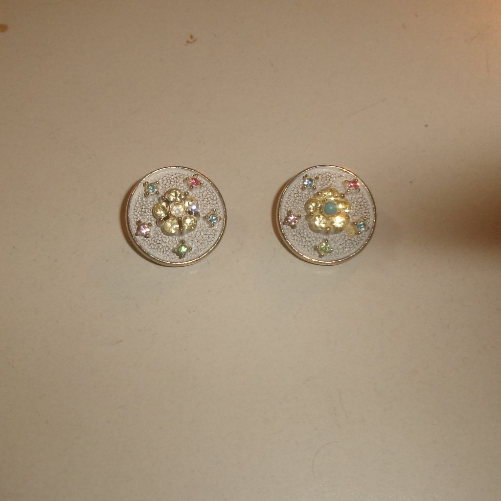 Clip On Earrings Brushed Silver Tone Colorful Rhinestones